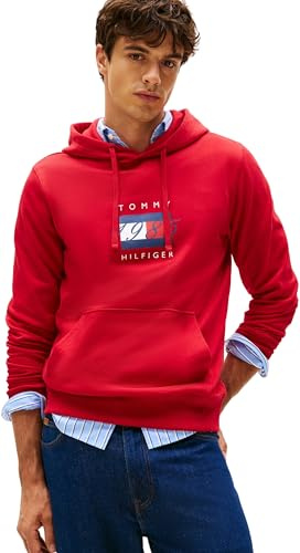 Tommy Hilfiger Men’s Linear Flag Graphic Cotton Hoodie, Red (Medium Red), L