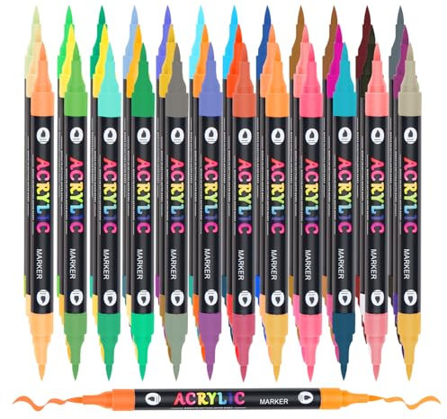36 Acrylic Paint Pens with 72 Colours Brush Tip for Rock Painting Fabric Glass Stone Ceramic Wood Metal, Dual Tip Acrylic Markers for Adults, Paint Markers for Easter Egg Pumpkins Graffiti