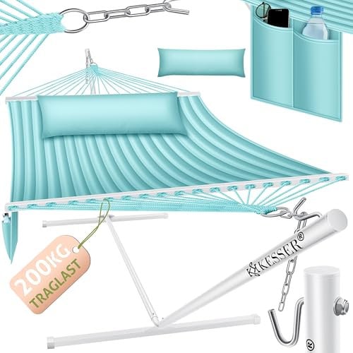 KESSER® Hängematte Hill mit Gestell Kissen Doppelhängematte für 2 Personen-Stabiler Rahmen 200kg Belastbarkeit Indoor & Outdoor XXL Hängesessel Doppel Mehrpersonen Garten Balkon Terrasse, Grau/Blau