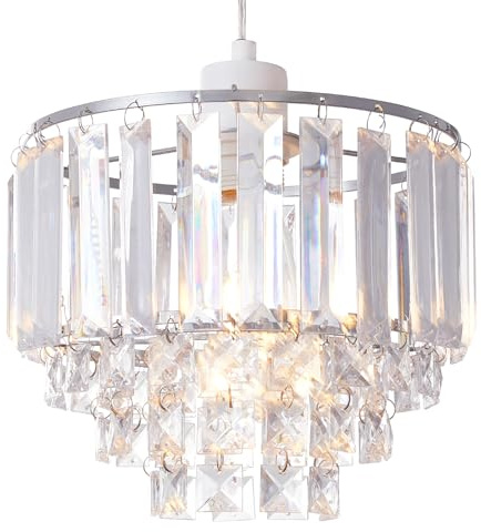 SHINY STAR Crystal Easy-fit Pendant Lampshade,Modern Chrome Frame Ceiling Lightshades,Bevelled Crystal Acrylic Oblong Rods Beads Square-Cut Droplets 4 Tiers Chandelier 907
