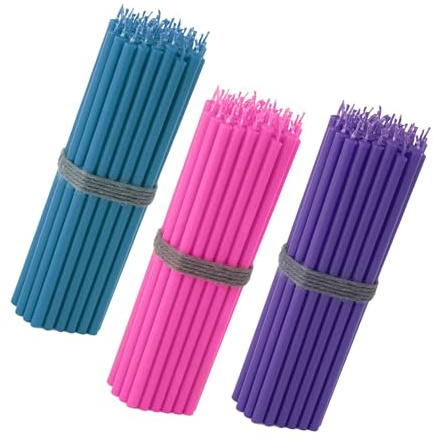 NKlaus Stabkerzen aus Paraffinwachs, Rosa, Hellblau, Violett, 150 Stück | Dünnes 16-cm-Format, tropf- und rußfrei; für Standard-Kerzenhalter und Arrangements