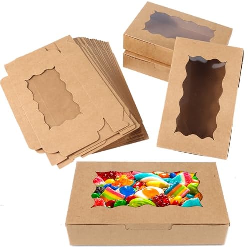 JSMTKJ 20 Stück Kraftpapierboxen mit klarem Fenster, Kraftpapier Gebäckkarton, Tortenschachtel Weihnachtsparty Geschenkbox für Kekse, Muffin, Torten, Pralinen Verpackung & Cupcake Box
