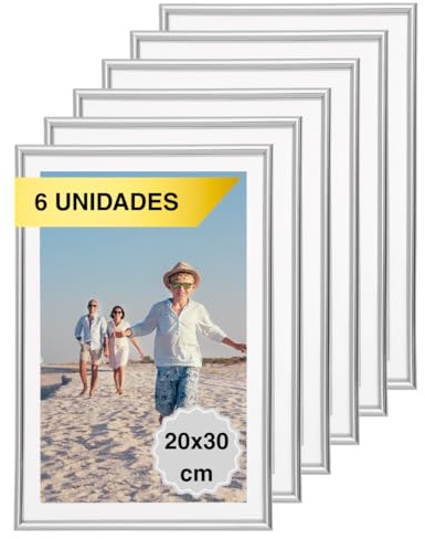 MARCOFOTO Set de 6 Marcos de Fotos 20x30 cm – PVC Color Plateado con Cristal – Marcos para Cuadros, Fotos o Laminas – Decoracion de Pared en Hogar, Oficina, Negocio o como Regalo