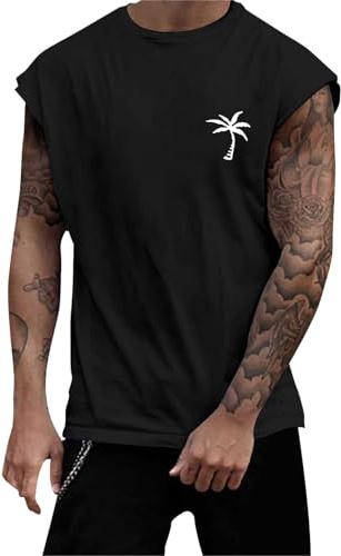 Débardeur Homme Tee Shirt sans Manche Été Sport Col Rond Coton Imprimé Plantes Palmiers Plage Casual Gym Tops