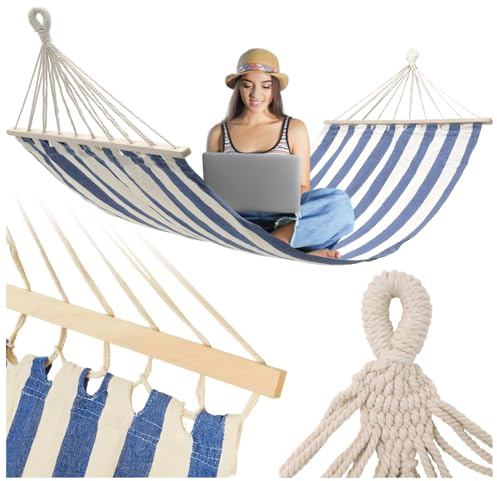 ZOLTA Hängematte 220x160 cm bis 150 kg - Indoor- und Outdoor Hängematte - Hängeschaukel - Garten Camping - Hängender Schaukelstuhl - Hammock für Kinder und Erwachsene - Blau-Weiss Streifen