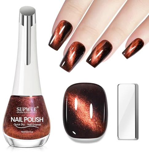 SUPWEE Magnet Nagellack Schnelltrocknend, Quick Drying Cat Eye Nail Polish | Rot mit Magnet Schimmernd Magnetischer Nagellack Ohne UV Oil Based Glitzernagellack Manicure DIY Salon 16ml