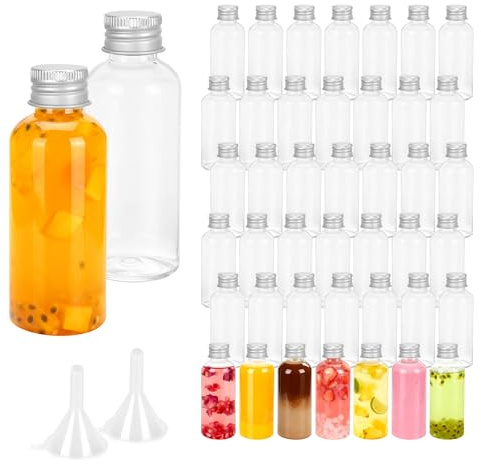 WeeGoo 60 PCS 60ml Mini Plastic Bottles, Small Clear Miniature Bottle with Silver Screw Caps, Empty Spirit Shot Bottles with Funnel for Alcohol Water Juices