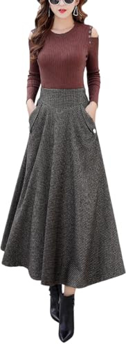 Rock Damen Lang Woll Faltenrock Vintage Hohe Taille Winterrock,Herbst A-Line Kariert Elegant Trachtenrock mit Futter