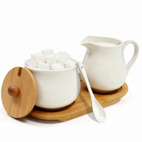 GOMETY Ensemble Crème Et Sucre, Pot à Lait et Sucrier avec Couvercle et Cuillère, Ensemble Sucrier Et Crémier avec Plateau en Bois, Ensemble Lait et Sucre pour Cuisine et Café (Blanc)