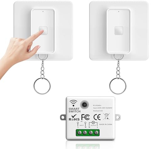 Wvoillty RF433 - Interruptor de luz inalámbrico, funciona con pilas, sin cableado de alimentación ni interruptor de luz de pared, magnético (1 receptor de 10 A y 2 paneles de conmutación), controla tu