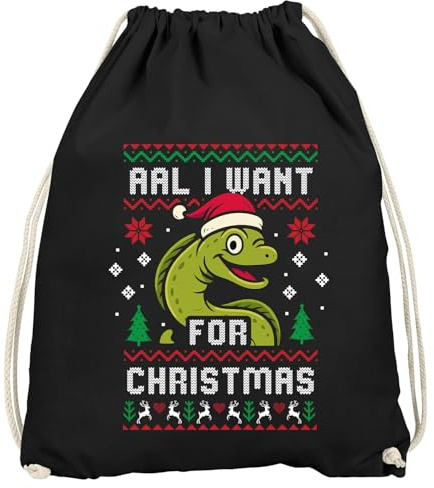MoonWorks® Turnbeutel Weihnachten Ugly XMAS Spruch lustig All I Want for Christmas Wortspiel Aal Weihnachtsbeutel Gymbag Schwarz unisize