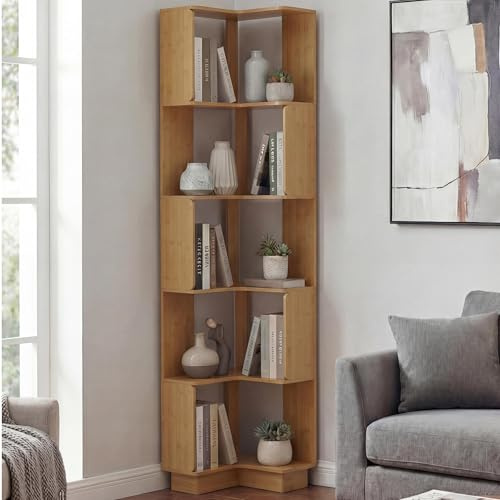 Mendler Eck-Bücherregal HWC-P53, 5 Ebenen MDF 175x40x40cm - Bambus-Optik | Eckregal, Standregal, Wohnregal, Melamin