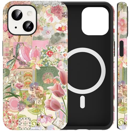 Yirlbey 2 in 1 Collage Coque Magnétique pour iPhone 14 / iPhone 13 6,1, Aesthetic Printemps Fleur Butterfly Fraise Motif Dessin Étui Compatible avec MagSafe Silicone Antichoc Housse Protection Cover