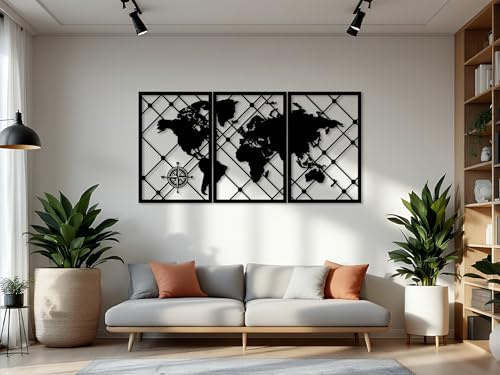 Kajaro Mappa del Mondo Quadro da Parete Legno 3 pezzi, Mappa del Mondo