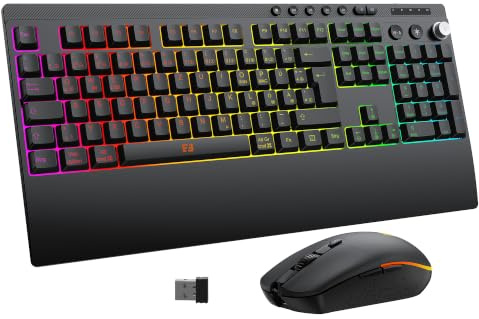 Beleuchtete Bluetooth Kabellose Tastatur mit Maus Set, QWERTZ, Schwarz | 3 Geräte Verbindung, webbasierter Anpassung, Handballenauflage, 7200 DPI Funkmaus, für Windows, Mac OS, Laptops