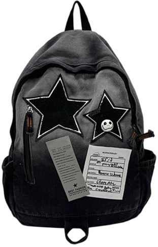 Pesoncarl Lässige Tagesrucksäcke, Stern-Rucksack, ästhetischer Y2k-Rucksack mit Stern-Totenkopf-Akzenten, Vintage-Grunge-Design, leicht für Reisen, Konzerte, Shopping