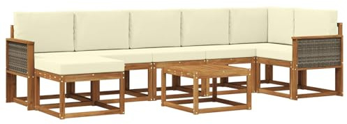 vidaXL Outdoor-Sofagarnitur mit Kissen 8 pcs Natur und Creme Polyester, Modernes Garten-Sofa-Set, Flexible Sitzgelegenheiten, Akazienholz, Lounge für Poolbereich, schnell zusammengebaut