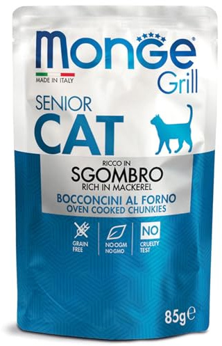 Monge Grill Senior Mackerel, Nassfutter für Katzen (Katzenfutter aus Makrelen, schmackhafte Rezeptur, hohe Energiedichte, hochwertiges Futter, getreidefrei, 85 g)