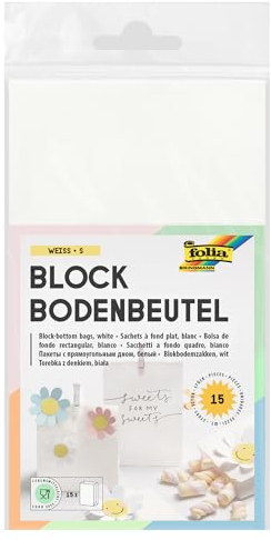folia 41100 - Weiße Papiertüten mit Blockboden, lebensmittelechte Blockbodenbeutel aus Kraftpapier, 15 Stück, ca. 17,5 x 10 x 5,5 cm groß, zum Verpacken von Keksen und Süßigkeiten