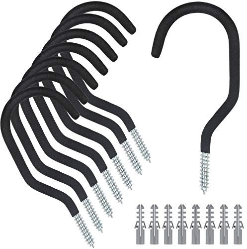 KURUI Ganci da soffitto resistenti per piante da appendere, luci da esterno, bici, confezione da 8 grandi ganci a vite per l'organizzazione e la conservazione del garage, ganci da parete neri senza