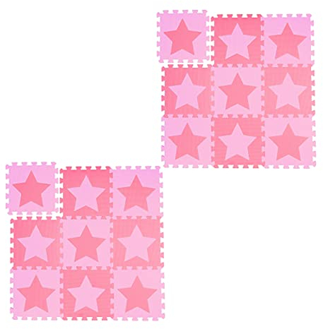 18 TLG. Puzzlematte Sterne, 36 Puzzleteile, Eva Schaumstoff, schadstofffrei, Spielunterlage 1,6 m², rosa-pink