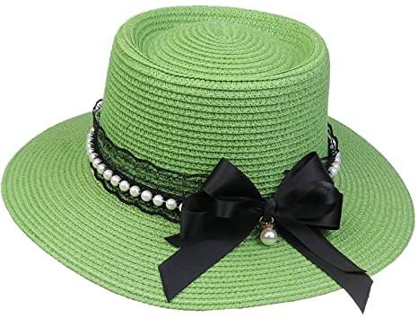 JK Home Panama Eté Femme Chapeau de Soleil avec Nœud de Papillon Capeline Large Bord pour Plage Mariage Camping Vert