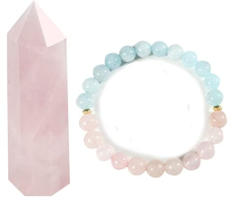 Soulnioi 1pc Natural Healing Crystal Rose Quartz Wand Pink Crystal Column (5-6cm) for for Reiki Chakra Meditation, Natural Crystal Aquamarine and Pink Crystal Beaded Bracelet