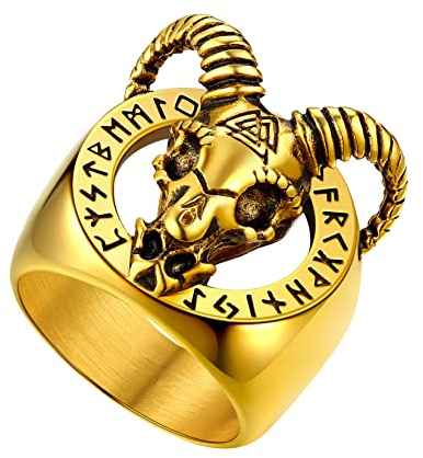 U7 Bague Runique Homme avec Crâne Tête de Chèvre Chevalière Satanique Dorée Taille 59
