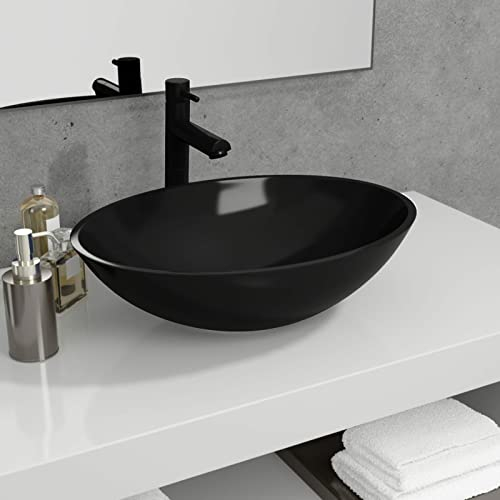 ZHOUMIN Waschbecken, Aufsatzwaschbecken, Waschtisch, Aufsatzwaschtisch, Wash Basin, Badmöbel, Bathroom Sink, Glas 50x37x14 cm Schwarz