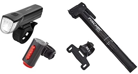 Fischer Fahrrad Beleuchtungs-Set 30/15 Lux, Akku-Leuchtenset Twin & 85581 Fahrrad Mini-Pumpe | T-Griff | hohe Pumpleistung | mit Doppelkopf | Schnellverschluss | inkl. Rahmenhalter | schwarz