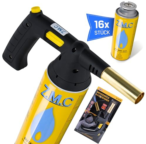 ZMC Lötbrenner Gasanzünder mit Piezozündung + 16x Gaskartuschen 227g | Gasbrenneraufsatz, Bunsenbrenner, Flambierbrenner, Kohleanzünder, Lötlampe, Dachbrenner, Lötpistole für Camping & Werkstatt