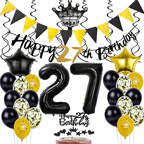 Luftballons 27 Geburtstag Deko Mann Frauen, Banner 27 Geburtstag Girlande Deko 27. Geburtstag Frau Tortendeko 27. Geburtstag Mann Schwarz Gold Geburtstagsdeko 27 jahre Mann Frau Ballons