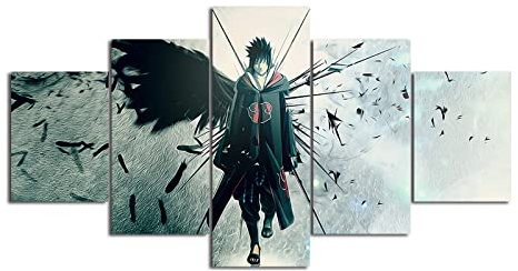 VEYEBZ 5 Stück Leinwandgemälde Wandkunst Sasuke Uchiha HD Bild 5 Teiliges Leinwand Drucke 150×80cm Mit Rahmen Modulare Wandmalerei Abstraktes Poster Zimmer Dekoration Geschenk