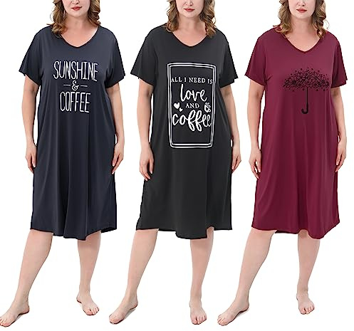 FEREMO 3 Pack Plus Size Women's Nightgown Soft Print Nightshirts for Women Short Sleeve Sleepwear (Set1,4X)