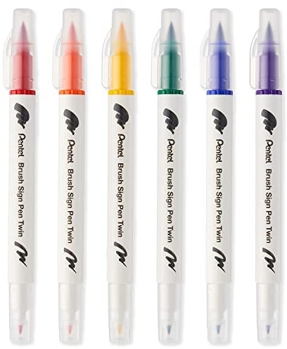 Pentel SESW30C Lot de 6 stylos pinceaux à double pointe – Encre à base d'eau – Rouge, orange, jaune, vert, bleu et violet