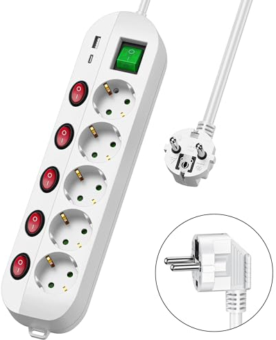 Maiyle 5-Fach Steckerleiste, Steckdosenleiste Einzeln Schaltbar1 2m, Mehrfachsteckdose mit USB, Kindersicherung Steckdose, Steckdosenleiste Wandmontage 45°Gedreht, Weiß