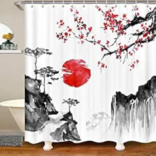 Loussiesd Japanese Ukiyoe Shower Curtain Cherry Blossoms Curtain Decor Exotic Style Bathroom Shower Curtain Set Red Sun Kids Adults Bathroom Accessories 180X210cm
