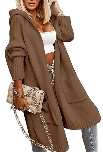 Tongmingyun Strickjacke Damen Lang Cardigan mit Kapuze Winter Grobstrickjacke Casual Lose Strickmantel Jacke Elegant Longstrickjacke Open Front Sweater Braun XL