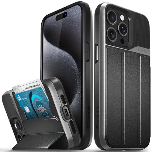 VENA vCommute Brieftaschen-Schutzhülle, kompatibel mit Apple iPhone 15 Pro Max (6,7 Zoll), Fallschutz in Militärqualität, Lederhülle, Kartenschlitz-Halter mit Ständer, Space Gray/Schwarz