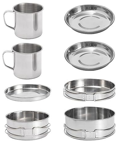 Gaderth Camping Cookware, 8PCS Camping Cookware Mess Kit, Mini Picnic Camping Cooking Mess Kit with Pot/Pan/Cups, Stainless Steel Cookware Kit for Outdoor Camping Backpacking Hiking Silver