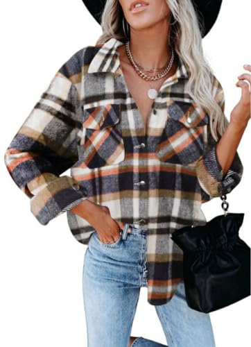 Rayson Chemise Femme Carreaux Chic et Élégant Bouton Down Veste Chaude Hiver Longue Manteau Flanelle (Orange, L)