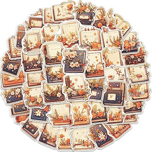 50 Pcs Book Flowers Stickers Waterproof Trendy Book Stickers for Laptop Skateboard Computer Water Bottle Notebook Phone Helmet Luggage Car Bike,Vinyl Funny Flower Stickers for Kids Giris Teens
