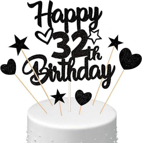Conruich Tortendeko 32. Geburtstag Mann, Kuchendeko Happy 32th Birthday Schwarz, Glitzer Kuchen Topper 32. Geburtstag Ballons Konfetti Papierfächer für Geburtstagstorte Deko 32 Jahre Frauen Männer