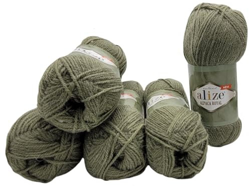 5 x 100 Gramm Alize Alpaka Royal Strickwolle, 500 Gramm Strickgarn einfarbig mit 15% Alpakawolle (oliv 285)