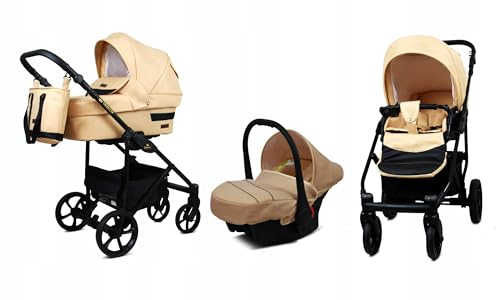 BabyLux® Kinderwagen Set 3 in 1 - Trailux - Beige - incl. Babywanne, Buggy Sportsitz, Auto-Babyschale - Autositz - Kinderwagenset - Kombikinderwagen mit Wickeltasche, Regenschutz usw.