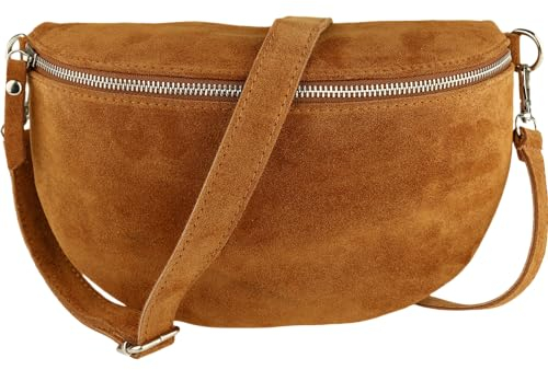 MIRROSI® Bauchtasche Damen, Made in Italy, Echtleder Umhängetasche Echtes Leder, Brusttasche, Crossbody Bag aus WLD Veloursleder, in 3 Größen erhältlich (Braun WLD Silberner Reißverschluss) (Gr.L)