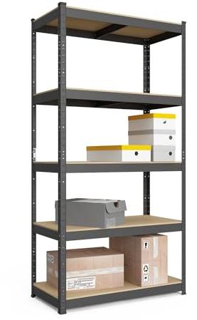 baudim - Metallregal: Flexibles Stahlregal für Lager und Keller, 180x90x45 cm, Robustes Steckregal mit anpassbaren Böden. Lastenregal 875kg 5 MDF-Böden, schwarz