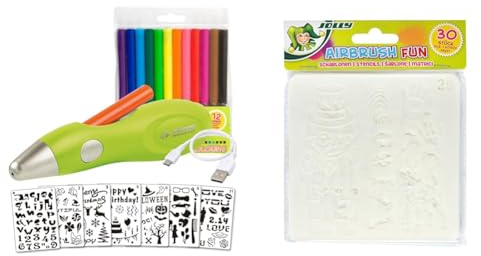 JOLLY Airbrush Fun | Farben sprühen für Kinder | Ungiftig (Airbrush), 20-teiliges Set, grün & 4446-0003 Airbrush Schablone, Kunststoff, Transparent, 30 Stück