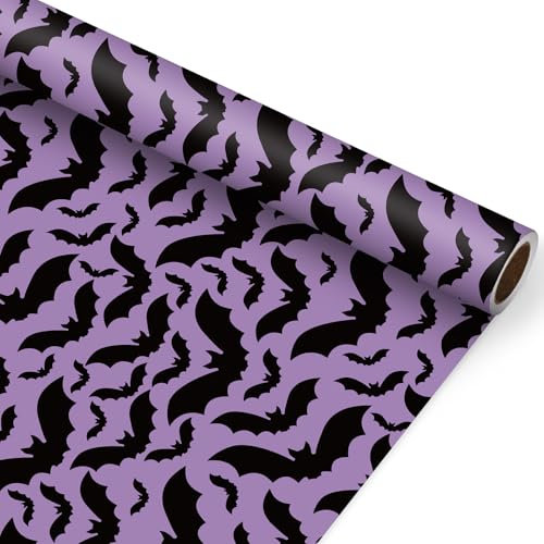 JarThenaAMCS Halloween-Geschenkpapier – Mini-Rolle – 43,2 cm x 100 cm, lila, schwarz, Fledermäuse, Geschenkpapier für Bastelarbeiten, Halloween, Geburtstag, Partyzubehör