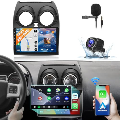 CAMECHO 8 Core 2G+64G Android 13 Car Radio for Nissan Qashqai J10 (2006-2013) with Wireless CarPlay Android Auto 9 IPS Touch Screen Car Radio with GPS Navigation Bluetooth 5.0 DSP FM Reverse Camera